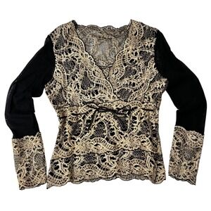 Vtg Y2K 90s Blouse Lace Mesh Sz‎ M Black Gold Empire Vamp Romantic Whimsigoth